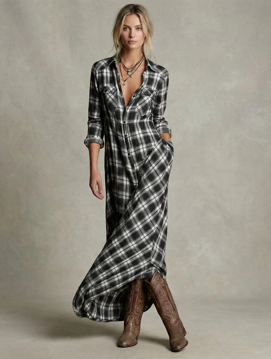 Rosa - Robe Chemise à Carreaux Émeraude