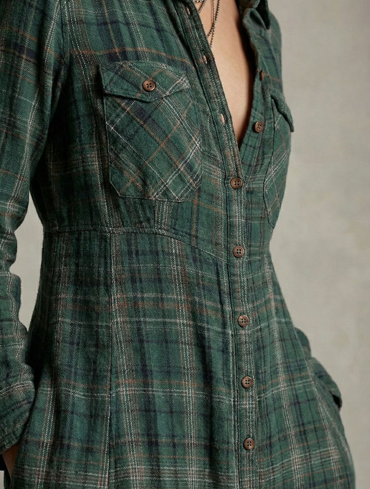 Rosa - Robe Chemise à Carreaux Émeraude