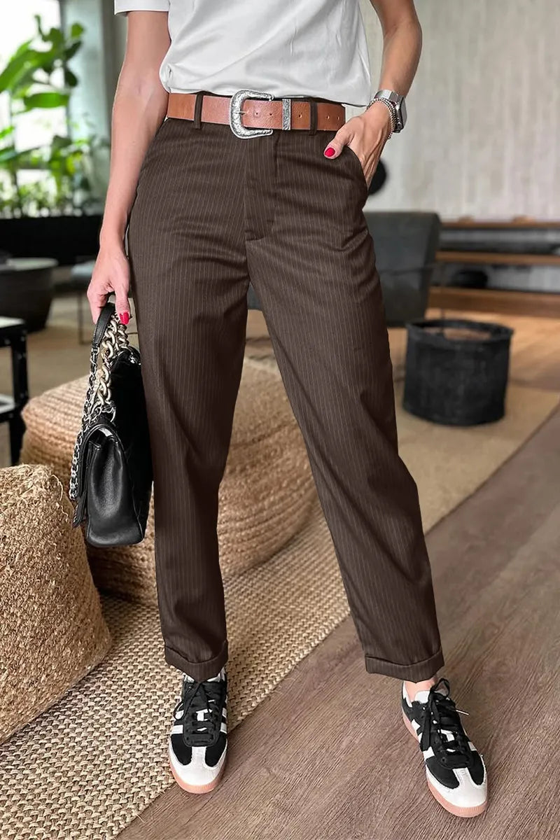 Mathilda Pantalon Rayures Femme — Marron
