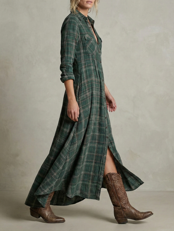 Rosa - Robe Chemise à Carreaux Émeraude