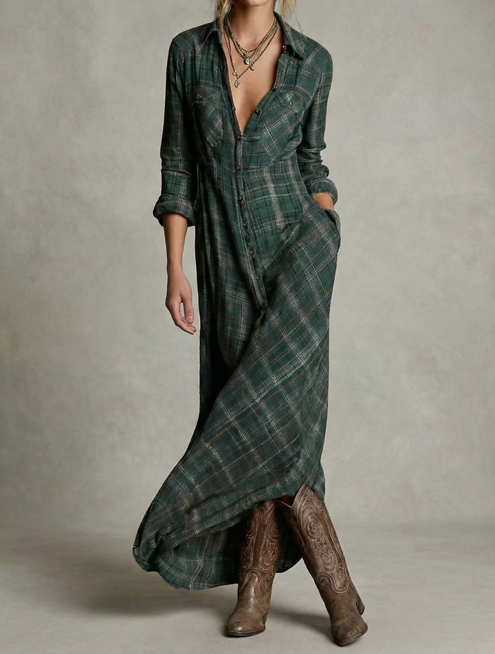 Rosa - Robe Chemise à Carreaux Émeraude