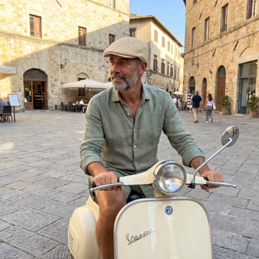 Casquette Salvatore en marron avec polo pour un apéritif en terrasse