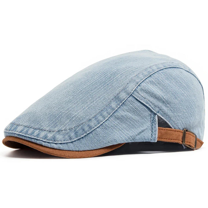 Casquette plate Thijs en denim bleu foncé, vue de profil