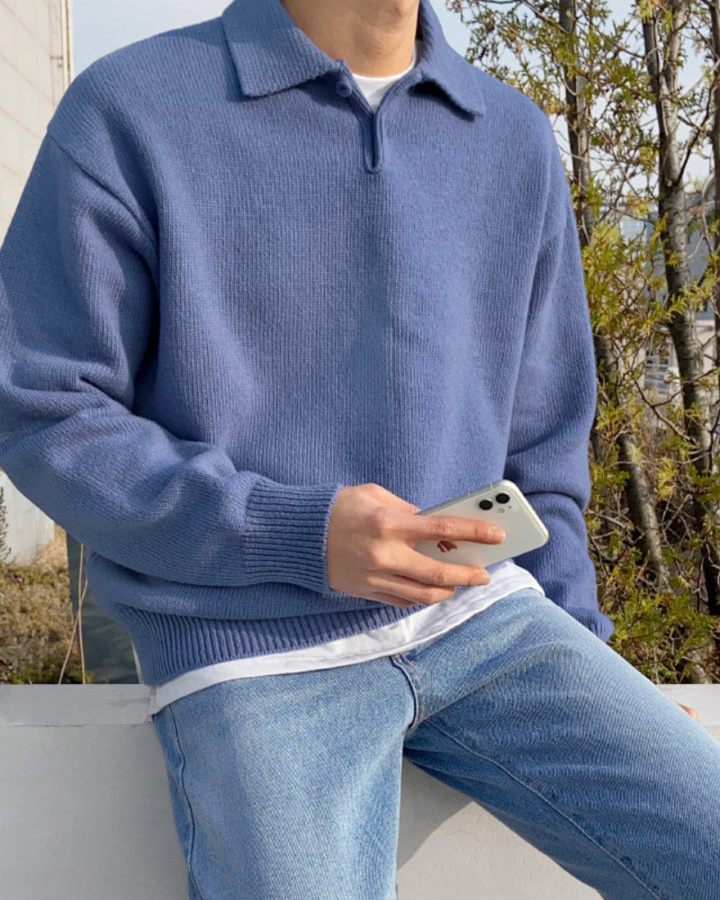 Pull Laine-Douce Col Zippé Homme — Bleu