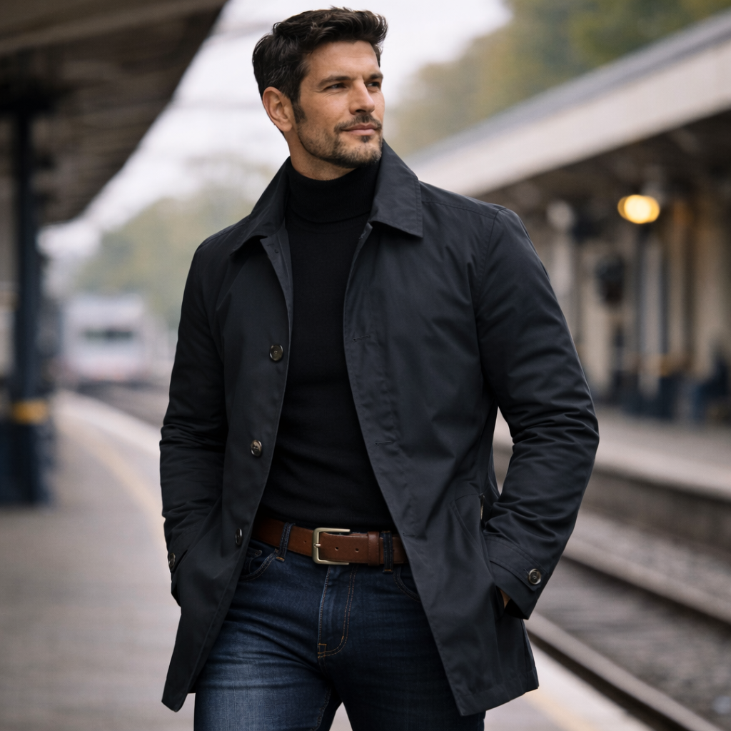 Homme en manteau Adrian noir dans un train