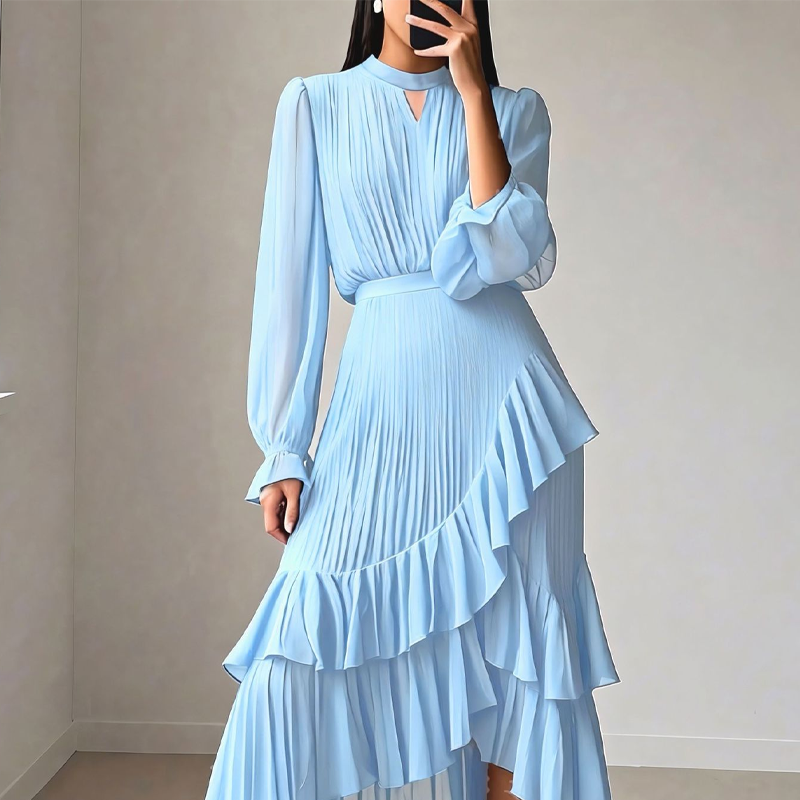 Robe Midi Plissée à Volants
