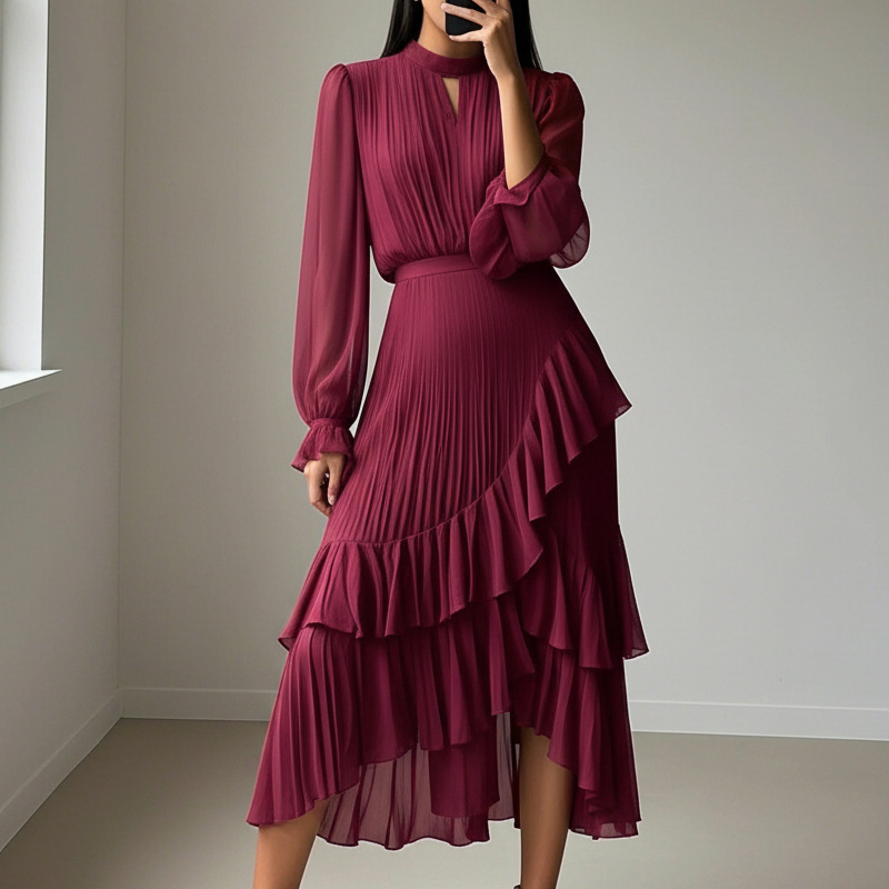 Robe Midi Plissée à Volants