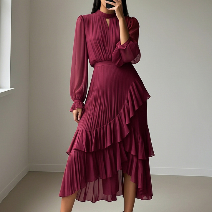 Robe Midi Plissée à Volants