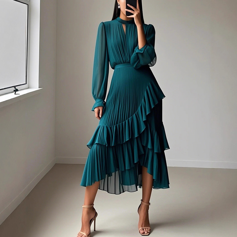 Robe Midi Plissée à Volants