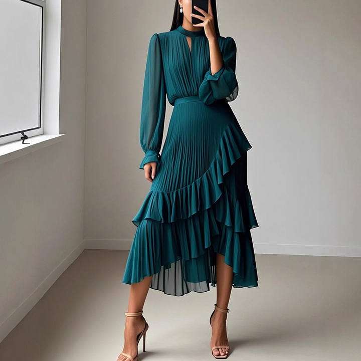 Robe Midi Plissée à Volants
